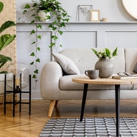 A modern couch and a coffee table.