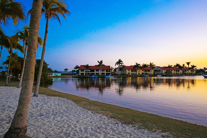 A beach with palm trees with water and house in the background.